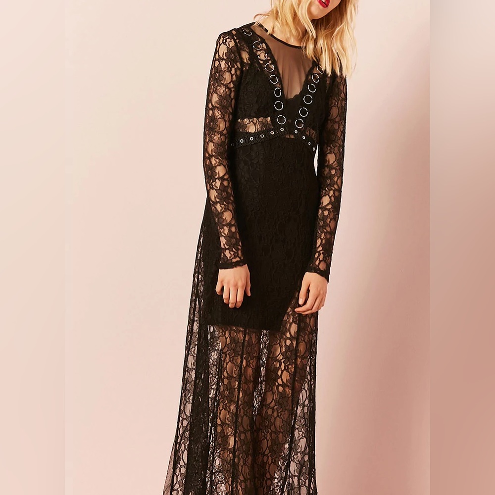 Forever 21 Sheer Black Lace Maxi Dress w/ Grommet Detail S NWT